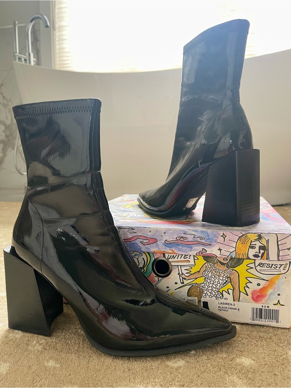 Jeffrey Campbell Black Patent Pointed Block Heel Ankle Boots